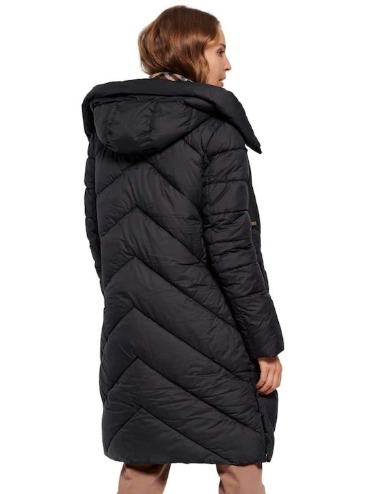 Funky Buddha Women's Long Puffer Jacket for Winter with Hood Black