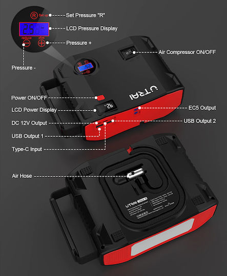 Utrai Jstar 5 Portable Car Battery Jump Starter 24000mAh with Φακό / Power Bank / USB / Pump 12V