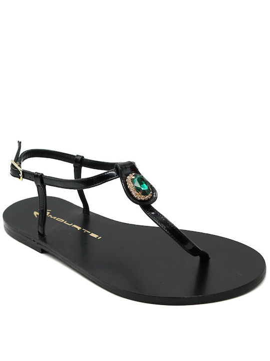 Mourtzi Leather Women's Flat Sandals Black / Green