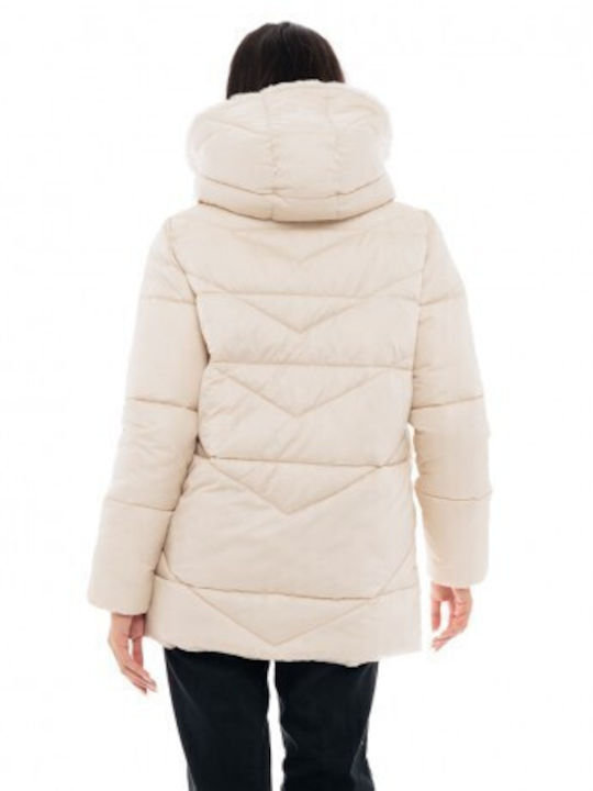 Biston Women's Short Puffer Jacket for Winter with Hood Beige