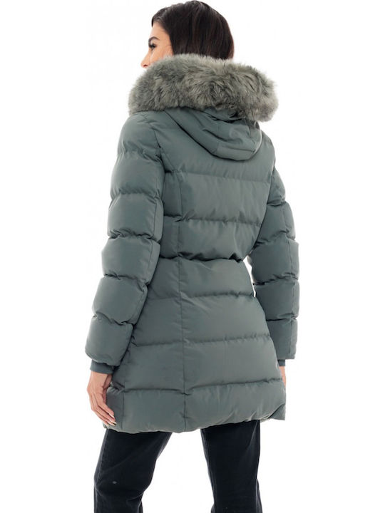 Women's Long Puffer Jacket for Winter with Detachable Hood Green