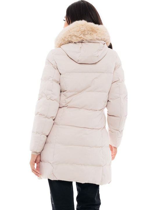 Women's Long Puffer Jacket for Winter with Detachable Hood Beige