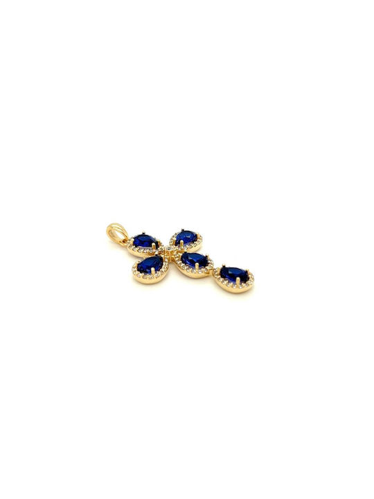 Cross rosette with blue cubic zirconia, gold K9 (375°)