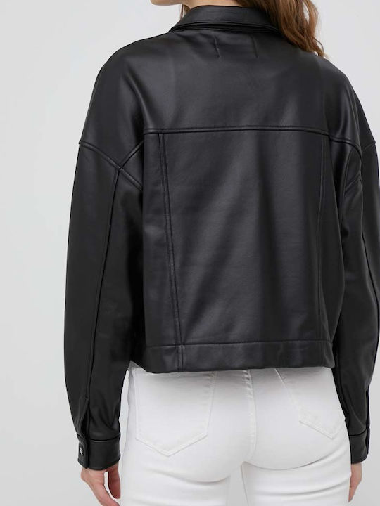 Calvin Klein Women's Short Lifestyle Leather Jacket for Spring or Autumn Black