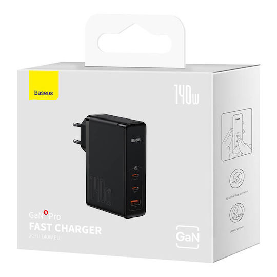 Baseus Charger Without Cable GaN with USB-A Port and 2 USB-C Ports 140W Power Delivery Blacks (Gan5)