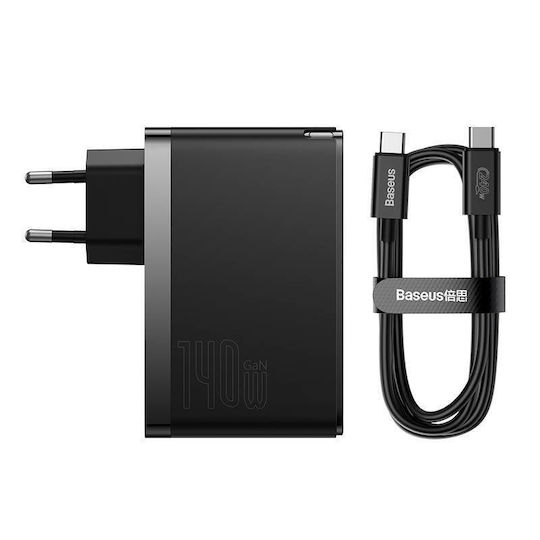 Baseus Charger Without Cable GaN with USB-A Port and 2 USB-C Ports 140W Power Delivery Blacks (Gan5)