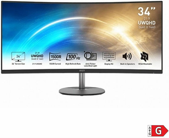 MSI MP341CQ Ultrawide VA Curbat Monitor de jocuri 34" QHD 3440x1440 cu Timp de Răspuns 4ms GTG