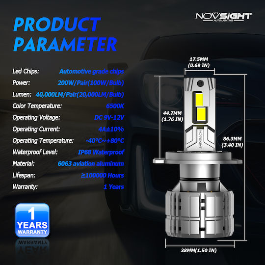 NovSight Λάμπες Αυτοκινήτου H4 LED 6500K Ψυχρό Λευκό 12V 100W 2τμχ