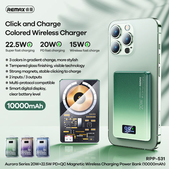 Remax RPP-531 Power Bank 10000mAh 22.5W με Θύρα USB-A και Θύρα USB-C Power Delivery Πράσινο