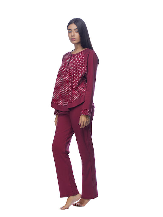 Zaboo Women's cotton winter pyjamas in A line with button placket-ZB1045 Bordeaux