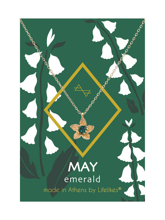 LifeLikes Birthstone May Necklace with Flower Design Gold Plated Green