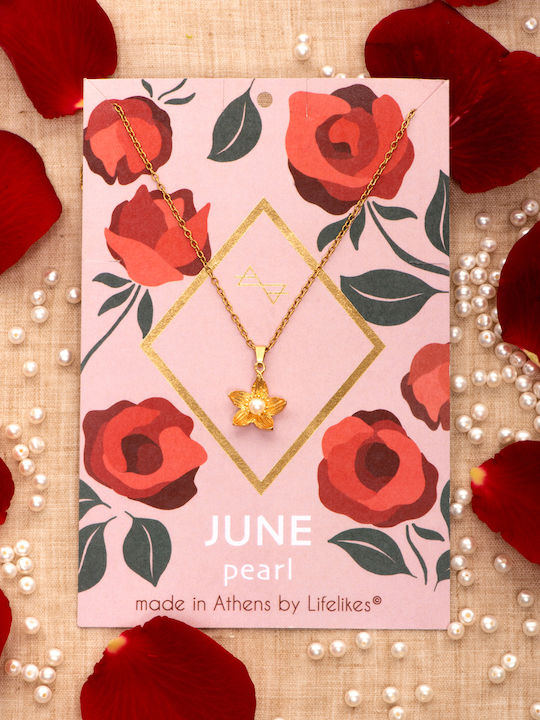 LifeLikes Birthstone June Κολιέ με σχέδιο Λουλούδι Επιχρυσωμένο με Πέρλες