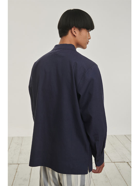 P/Coc P- Men's Shirt Long Sleeve Linen Navy Blue