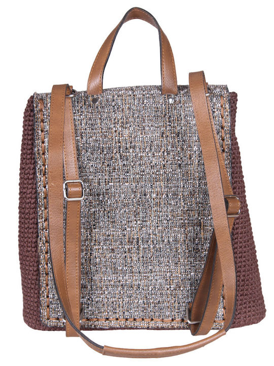 Women's handmade knitted backpack backpack with polypropylene yarn and Italian leatherette brown