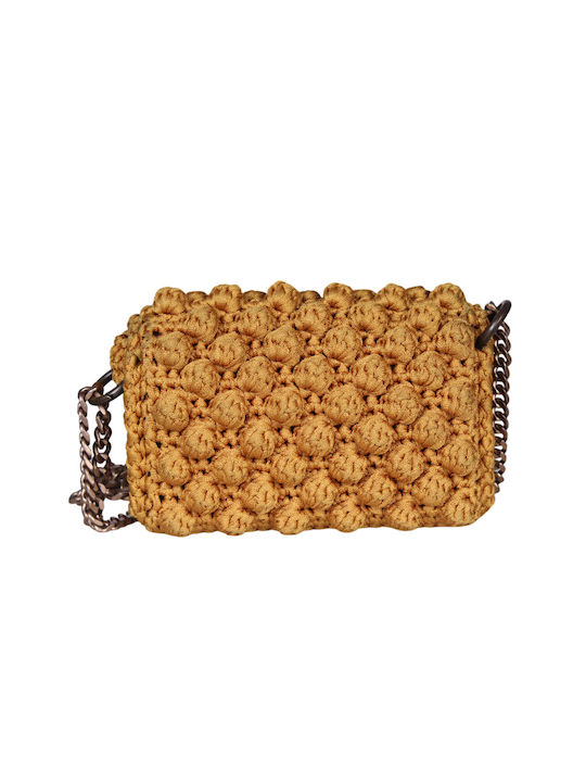 Women's handmade knitted bag with polyester ribbon and double bronze chain 1.6m mustard