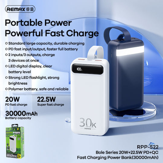 Remax RPP-522 Bole Series Power Bank 30000mAh 22.5W с 2 USB-A порта и USB-C порт Power Delivery Бял