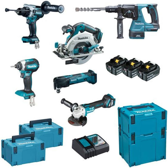 Makita DLX6114TJ Set Angle Wheel & Circular Saw & Drill Driver & Screwdriver & Multitool & Excavator 18V with 3 Batteries 5Ah and Case