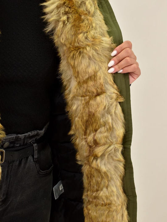 Lang Damen Parka Jacke mit pelziger Kapuze für Winter Khaki
