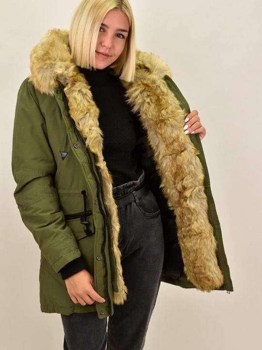 Lang Damen Parka Jacke mit pelziger Kapuze für Winter Khaki