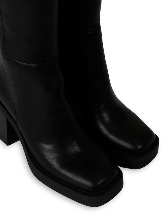 Leder Damenstiefel mit hohem Absatz Schwarz