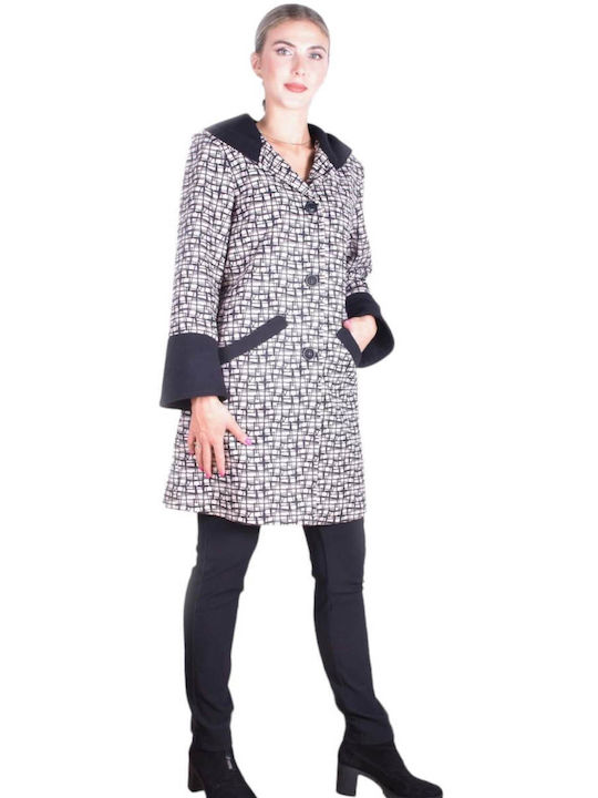 LARGE SIZES - SEMI COAT IN WHITE AND BLACK WITH BUILT-IN EARRINGS AND BLACK DETAILS -PLUS SIZE