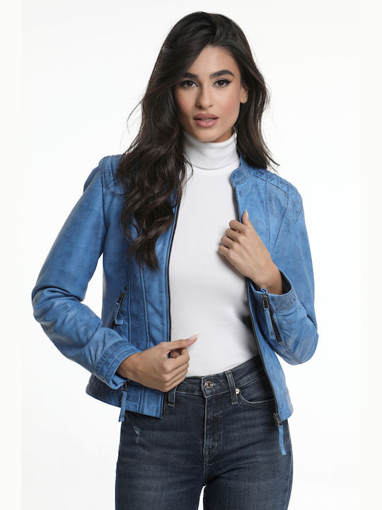 Women's leather jacket blue biker/casual CODE: EMILIA