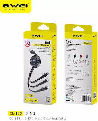 Awei CL-136 Flach / Ausziehbar USB zu Blitzschlag / Typ-C / Micro-USB Kabel Schwarz 1m