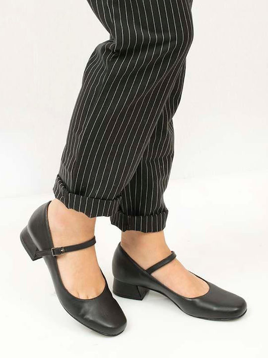 Stefania Leather Black Low Heels with Strap