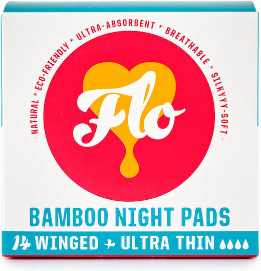 Here We Flo Bamboo Night Pads with Wings for Heavy Flow 4 Drops Size 4 14pcs