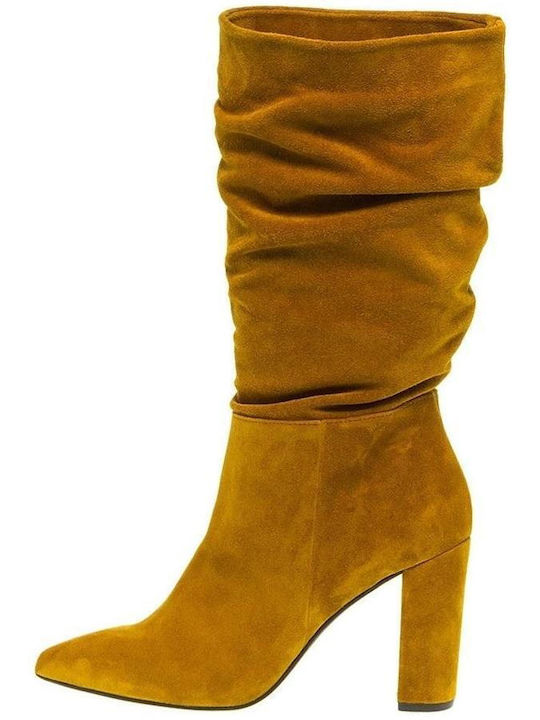 Mourtzi Suede Γυναικείες Μπότες με Ψηλό Τακούνι Yellow Ochre