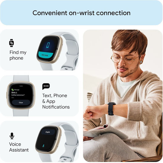 Fitbit Sense 2 Aluminiu Rezistent la apă Smartwatch (Blue Mist/Soft Gold)