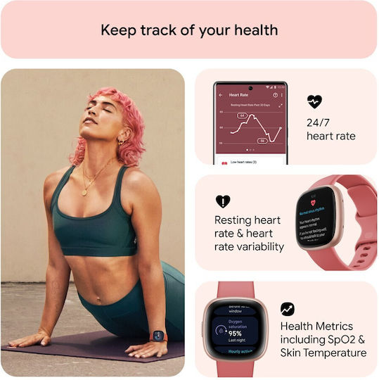 Fitbit Versa 4 Aluminium 41mm Waterproof Smartwatch with Heart Rate Monitor (Pink Sand/Copper Rose)