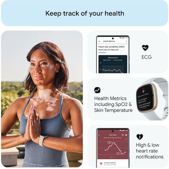 Fitbit Sense 2 Aluminiu Rezistent la apă Smartwatch (Blue Mist/Soft Gold)