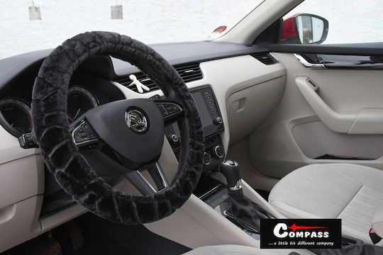 Compass Car Steering Wheel Cover Smooth with Diameter 37-39cm Synthetic Black Fur