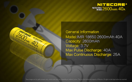 NiteCore IMR18650 Επαναφορτιζόμενη Μπαταρία 18650 Li-Mn 2600mAh 3.7V 1τμχ
