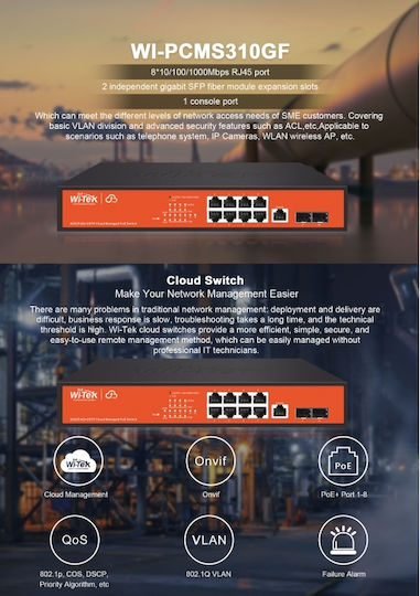 Wi-Tek WI-PCMS310GF Managed L2 PoE+ Switch with 8 Gigabit (1Gbps) Ethernet Ports and 2 SFP Ports