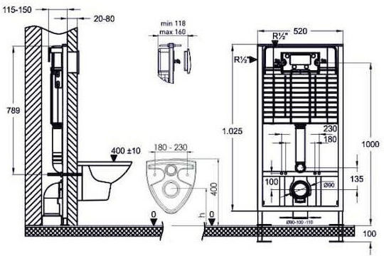 DuscheLine Oscar Built-in Plastic Low Pressure Rectangular Toilet Flush Tank White