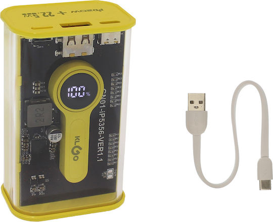 KLGO KP-91 Power Bank 10000mAh 22.5W with USB-A Port and USB-C Port Power Delivery Yellow