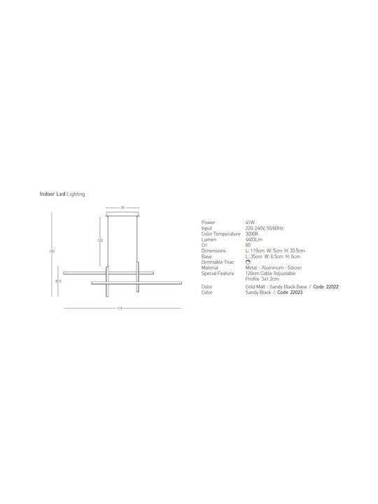 Zambelis Lights Pendant Light Black LED with Warm White Light Rail 119x5x35.5cm