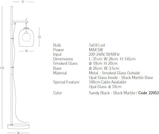 Zambelis Lights Floor Lamp H145xW31cm. with Socket for Bulb G9 Black