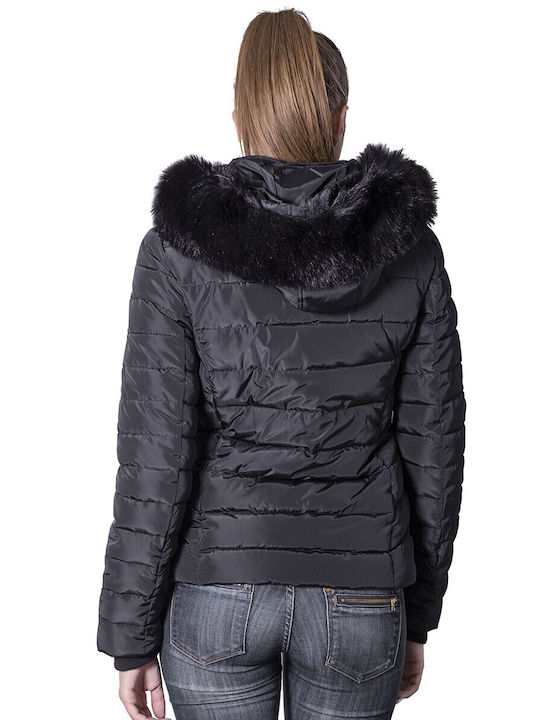 Splendid Kurz Damen Puffer Jacke mit pelziger Kapuze für Winter Schwarz