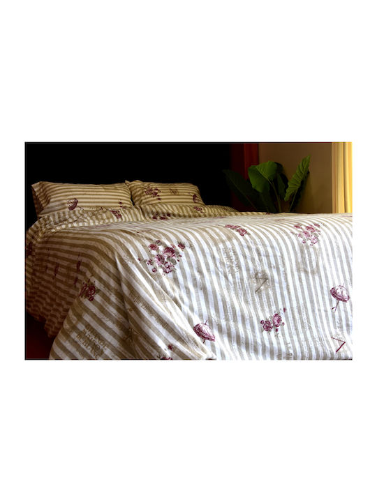 Decotelia Duvet Cover Set Flannel Single with Pillowcase 165x245 Ecru / Wine