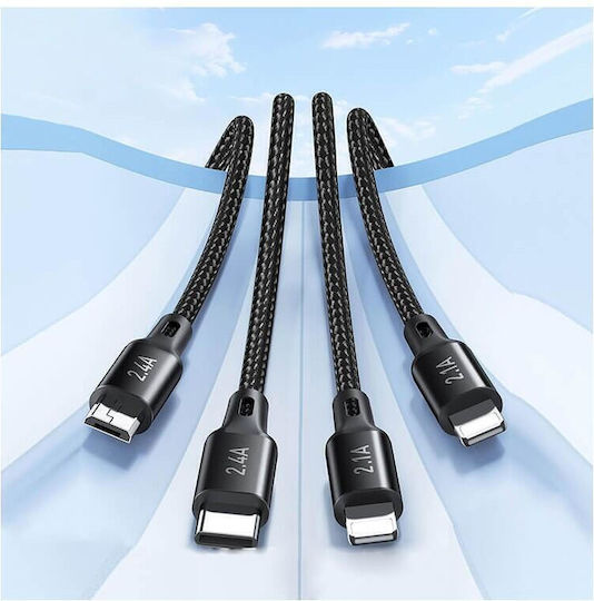 Awei CL-129 Braided USB to Lightning / Type-C / micro USB Cable Μαύρο 1.5m