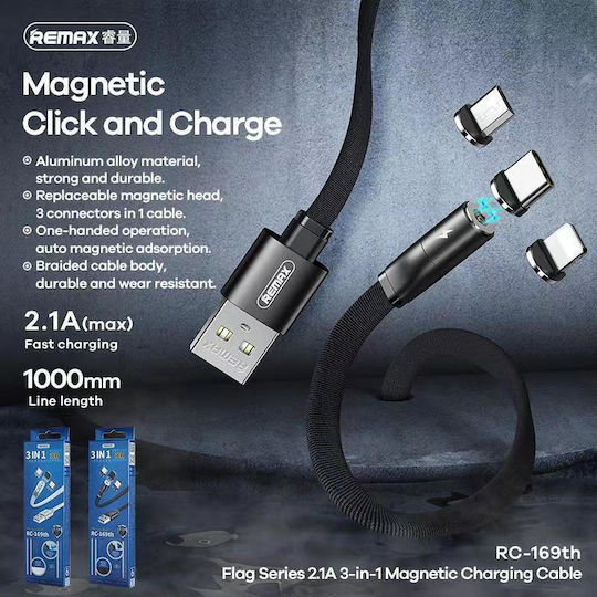 Remax RC-169th Magnetic USB to micro USB / Type-C / Lightning Cable 2.1A Λευκό 1m