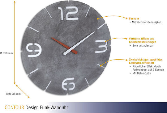 TFA Contour Concrete Стенен часовник Пластмаса Сив Ø35см