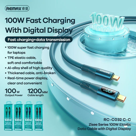 Remax RC-C032 Zisee LED USB 2.0 Kabel USB-C Männlich - USB-C 100W PD Grau 1.2m