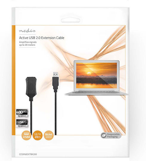Nedis USB 2.0 Cable USB-A male - USB-A female Μαύρο 20m (CCGP60EXTBK200)