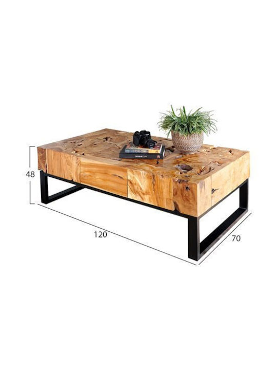 Rectangular Central Coffee Table Made of Solid Wood Natural W120xD70xH48cm