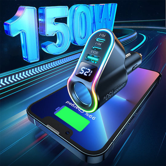 Joyroom JR-CL21 Φορτιστής Αυτοκινήτου 150W Γρήγορης Φόρτισης με Θύρες: 1xUSB 2xType-C 1xΑναπτήρα Μαύρο Χρώμα