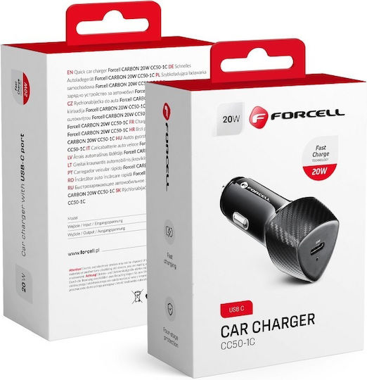 Forcell Автомобилен Зарядно Устройство 20W с Един Порт 1xType-C Черен Цвят